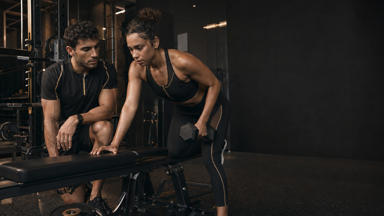 Two athletes training in a modern strength gym